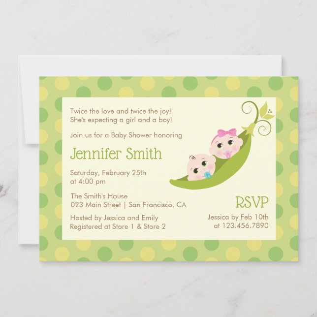 Invitación gemela Baby Shower Dos Peas En Un Pod (Anverso)