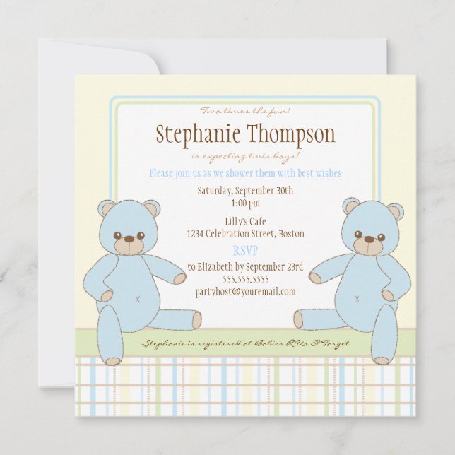 Invitación gemela de Baby Shower de los osos de (Anverso)