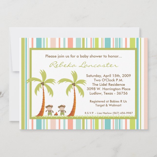 invitación gemela de Baby Shower del mono de 5x7 (Anverso)