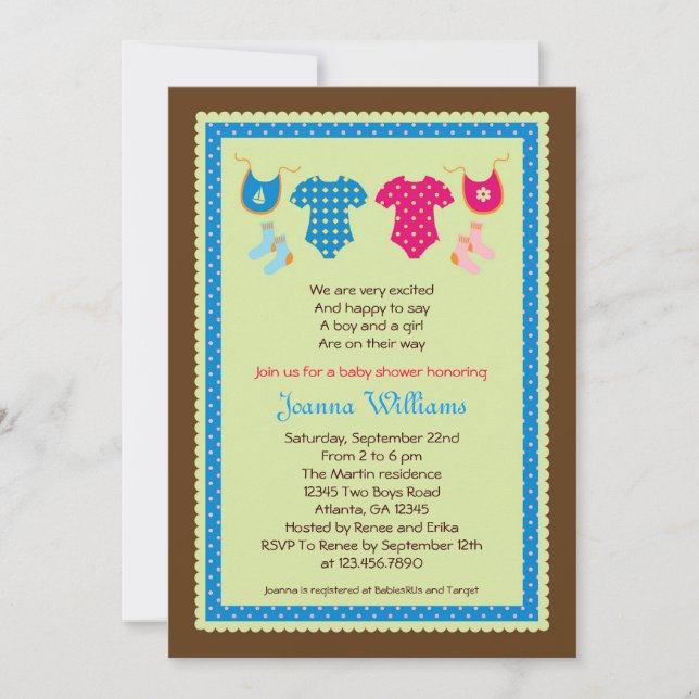 Invitación gemela de Baby Shower del muchacho y (Anverso)