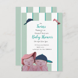 Invitación gemela de Baby Shower en franja verde