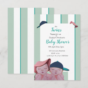 Invitación gemela de Baby Shower en franja verde