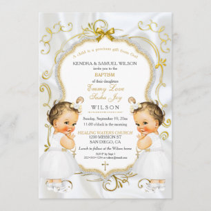 Invitación Gemelas Bautizo Bautismo Cruz Dorada Blanca