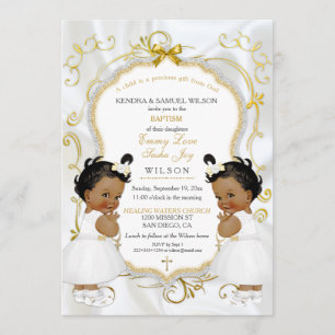 Invitación Gemelas Bautizo Cristiano Dorado Étnico