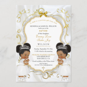 Invitación Gemelas Bautizo Niño Oro Puffs Étnicos
