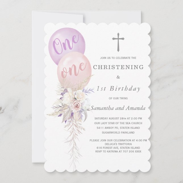 Invitación Gemelas Bautizo y Primer Cumpleaños de Niñas (Anverso)