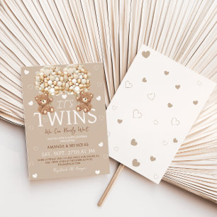 Invitación Gemelas Bear Tan Ivory Corazones y Globos Baby Sho