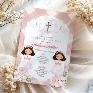 Invitación Gemelas con cresta de cinta rosa niña primera comu