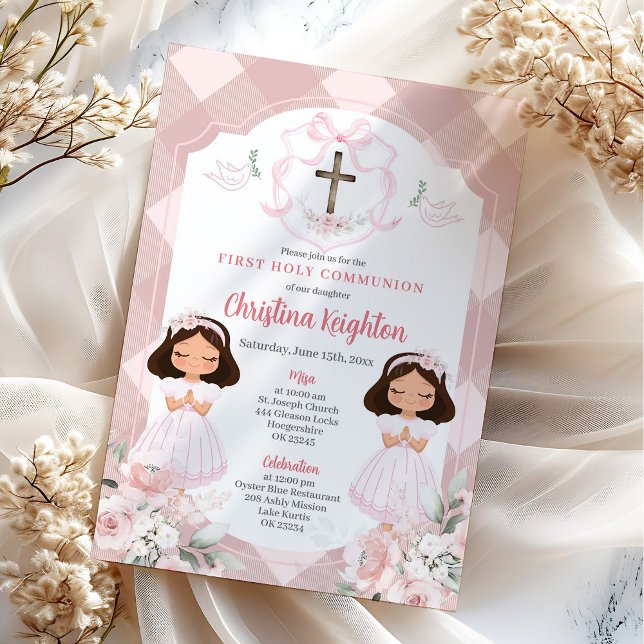 Invitación Gemelas con cresta de cinta rosa niña primera comu (Subido por el creador)