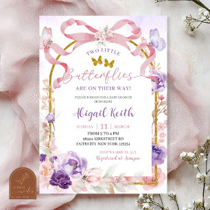 Invitación Gemelas Coquette de lazo rosa púrpura Mariposa