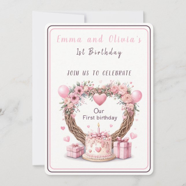 Invitación Gemelas Corona Floral Pastel Rosa Cumpleaños Uno - (Anverso)