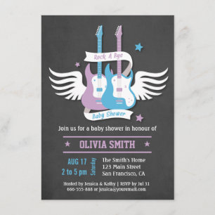 Invitación Gemelas Guitarras Rock and Roll Duerme Rockera Bañ