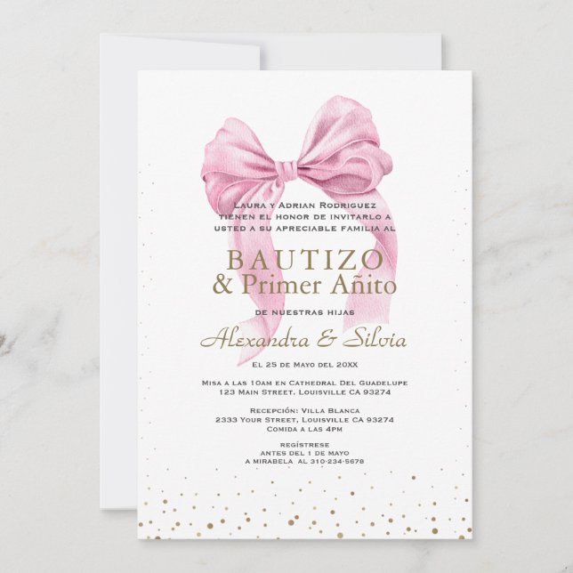 Invitación Gemelas Hijas Lazo Rosa Primer Añito Bautizo (Anverso)