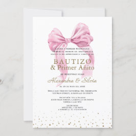 Invitación Gemelas Hijas Lazo Rosa Primer Añito Bautizo