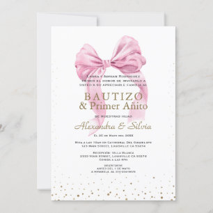 Invitación Gemelas Hijas Lazo Rosa Primer Añito Bautizo