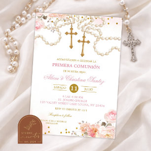 Invitación Gemelas Niña Flor de Rosa Rosarios Primera Santa C