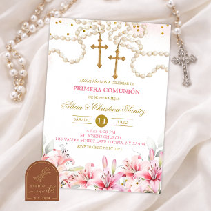 Invitación Gemelas Niña Rosa Lirio Floral Rosario Primera Com