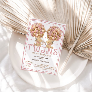 Invitación Gemelas Niñas Oso Globo Rosa Fiesta de Revelación 