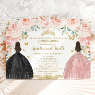 Invitación Gemelas Quinceañera Princesa Rubor Floral Oro Negr