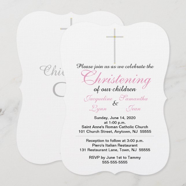 Invitación Gemelas Rosa Bautizo (Anverso / Reverso)