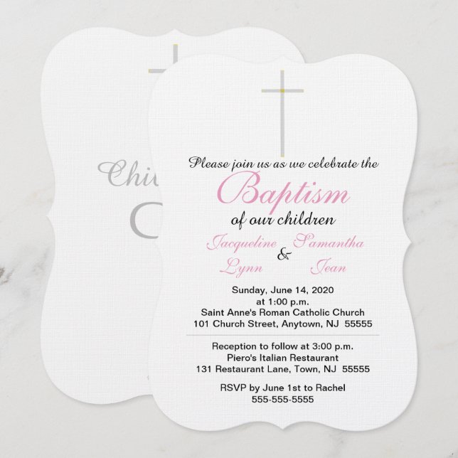 Invitación Gemelas Rosa Bautizo (Anverso / Reverso)