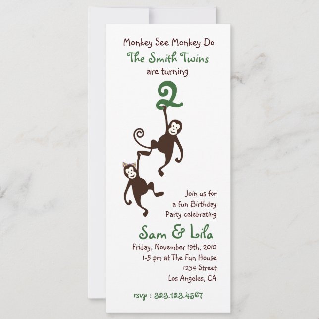 Invitación Gemelos 2do cumpleaños, monos (Anverso)