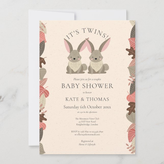 Invitación Gemelos animales Woodland Parejas Baby Shower (Anverso)