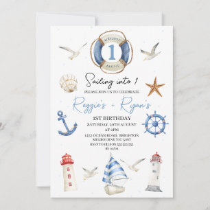 Invitación Gemelos azul navegando hacia un primer cumpleaños