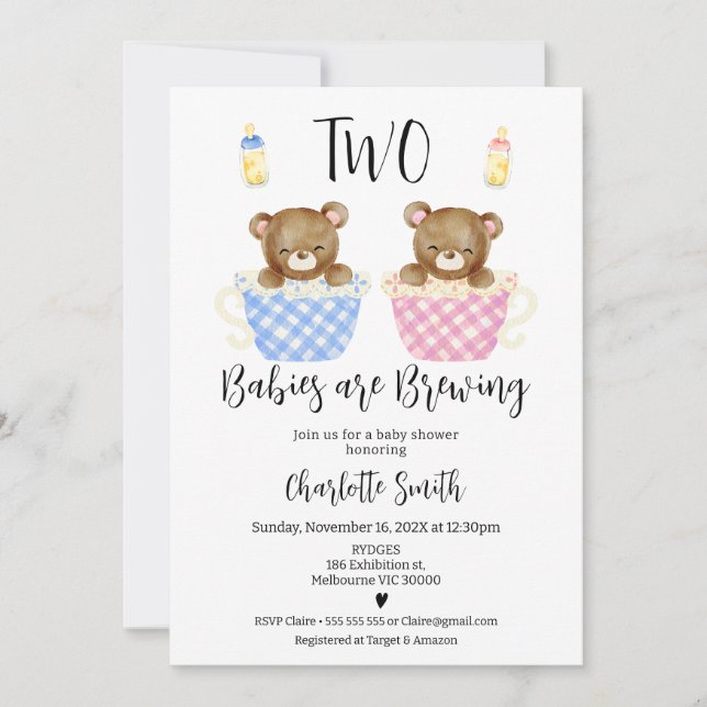 Invitación Gemelos azules rosados dos bebés preparando Baby S (Anverso)