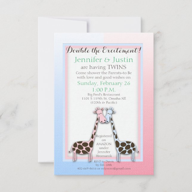 Invitación Gemelos Baby Shower azul y rosa (Jen) (Anverso)