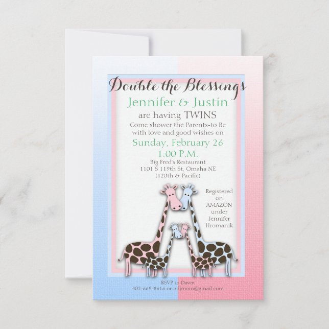 Invitación Gemelos Baby Shower Baby Girafes Blue and Pink (Je (Anverso)