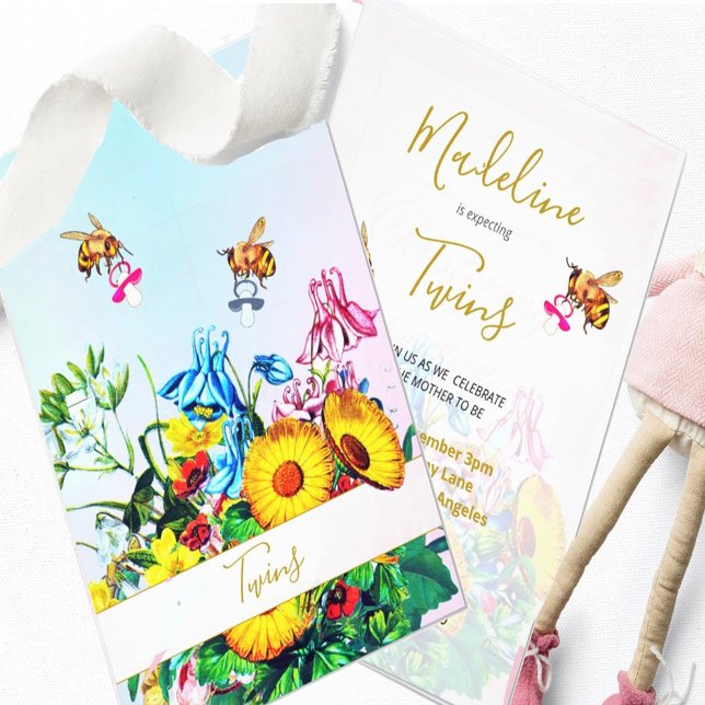 Invitación Gemelos Baby Shower Blue Pink Floral Honey Beis (Subido por el creador)