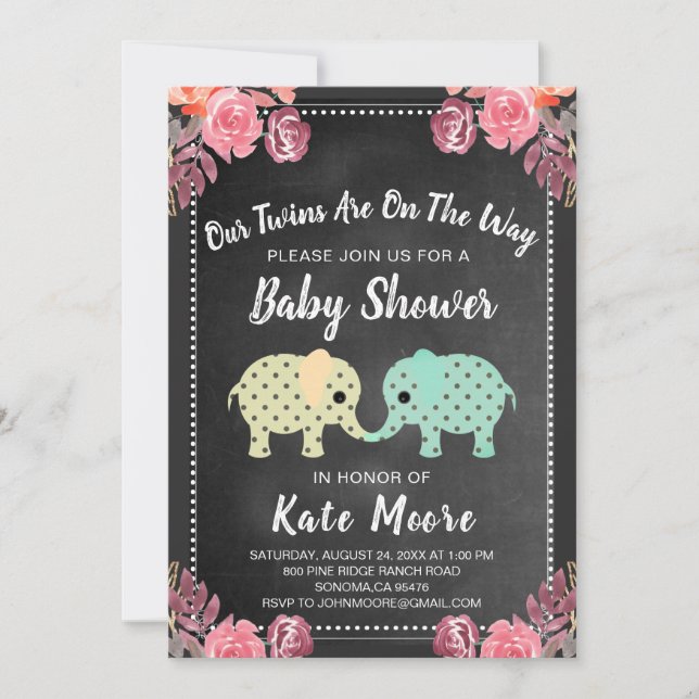 Invitación Gemelos Baby Shower Chalkboard Elefantes Florales (Anverso)