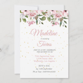 Invitación Gemelos Baby Shower Cute León Oro Floral Rosa