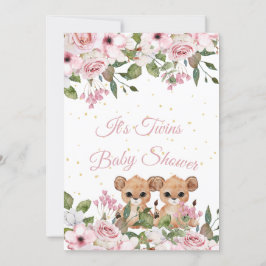 Invitación Gemelos Baby Shower Cute León Oro Floral Rosa