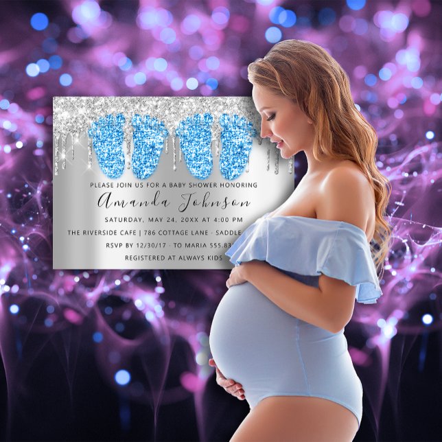 Invitación Gemelos Baby Shower Gray Feet Twins Boys (Baby Shower Drips Silver Gray Feet Twins Boys Invitation)