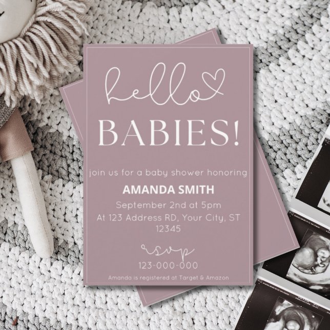 Invitación Gemelos Baby Shower, hola bebés, tipografía simple (Subido por el creador)