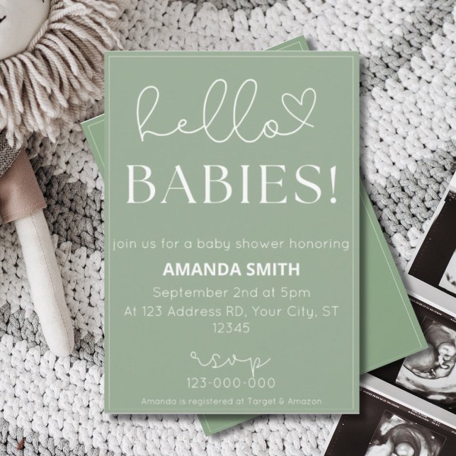 Invitación Gemelos Baby Shower, hola bebés, tipografía simple (Subido por el creador)