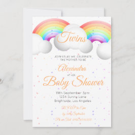 Invitación Gemelos Baby Shower Nubes arcoiris coloridas