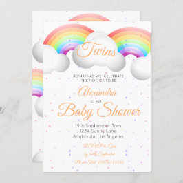 Invitación Gemelos Baby Shower Nubes arcoiris coloridas