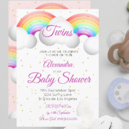 Invitación Gemelos Baby Shower nubes arcoiris con puntos dora