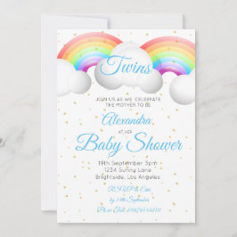 Invitación Gemelos Baby Shower nubes de arcoiris nubes de oro