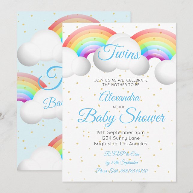 Invitación Gemelos Baby Shower nubes de arcoiris nubes de oro (Anverso / Reverso)