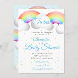 Invitación Gemelos Baby Shower nubes de arcoiris nubes de oro