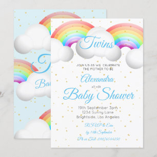 Invitación Gemelos Baby Shower nubes de arcoiris nubes de oro