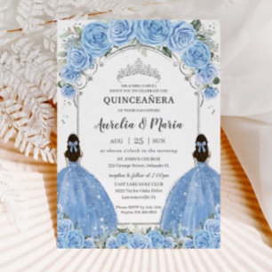 Invitación Gemelos Bahama Azul Floral Plata Quinceañera