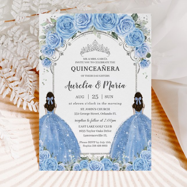 Invitación Gemelos Bahama Azul Floral Plata Quinceañera (Subido por el creador)