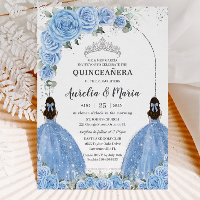 Invitación Gemelos Bahama Azul Vestido Floral Plata Quinceañe (Subido por el creador)