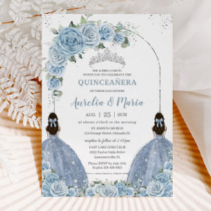 Invitación Gemelos Bebé Azul Floral Vestido Plata Quinceañera