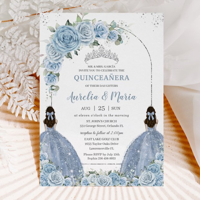 Invitación Gemelos Bebé Azul Floral Vestido Plata Quinceañera (Subido por el creador)
